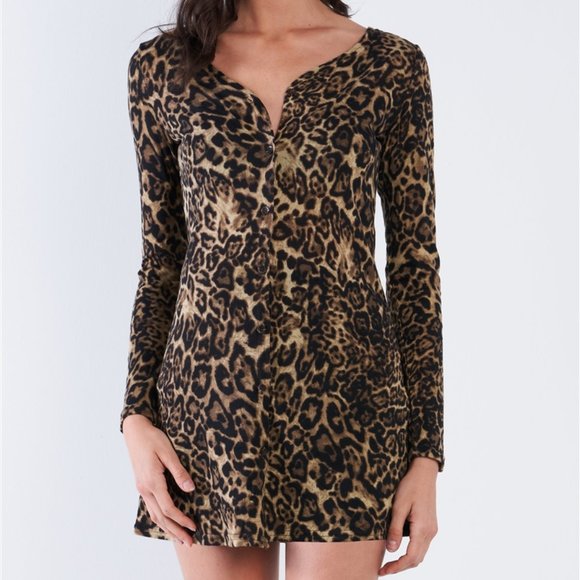 FIERCE DOLLZ Leopard Print Long Sleeve Button Down - Picture 2 of 4